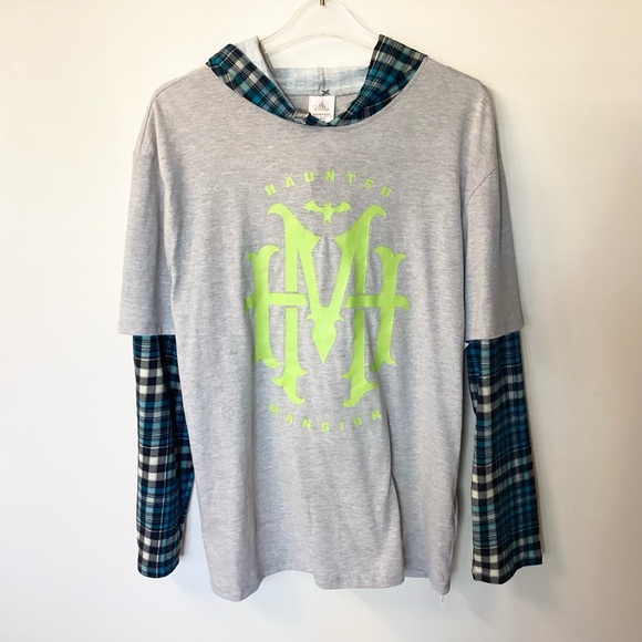 NWT Disney Haunted Mansion Plaid Hooded 2-in-1 Long Sleeve Shirt - Gray - M - Picture 1 of 8